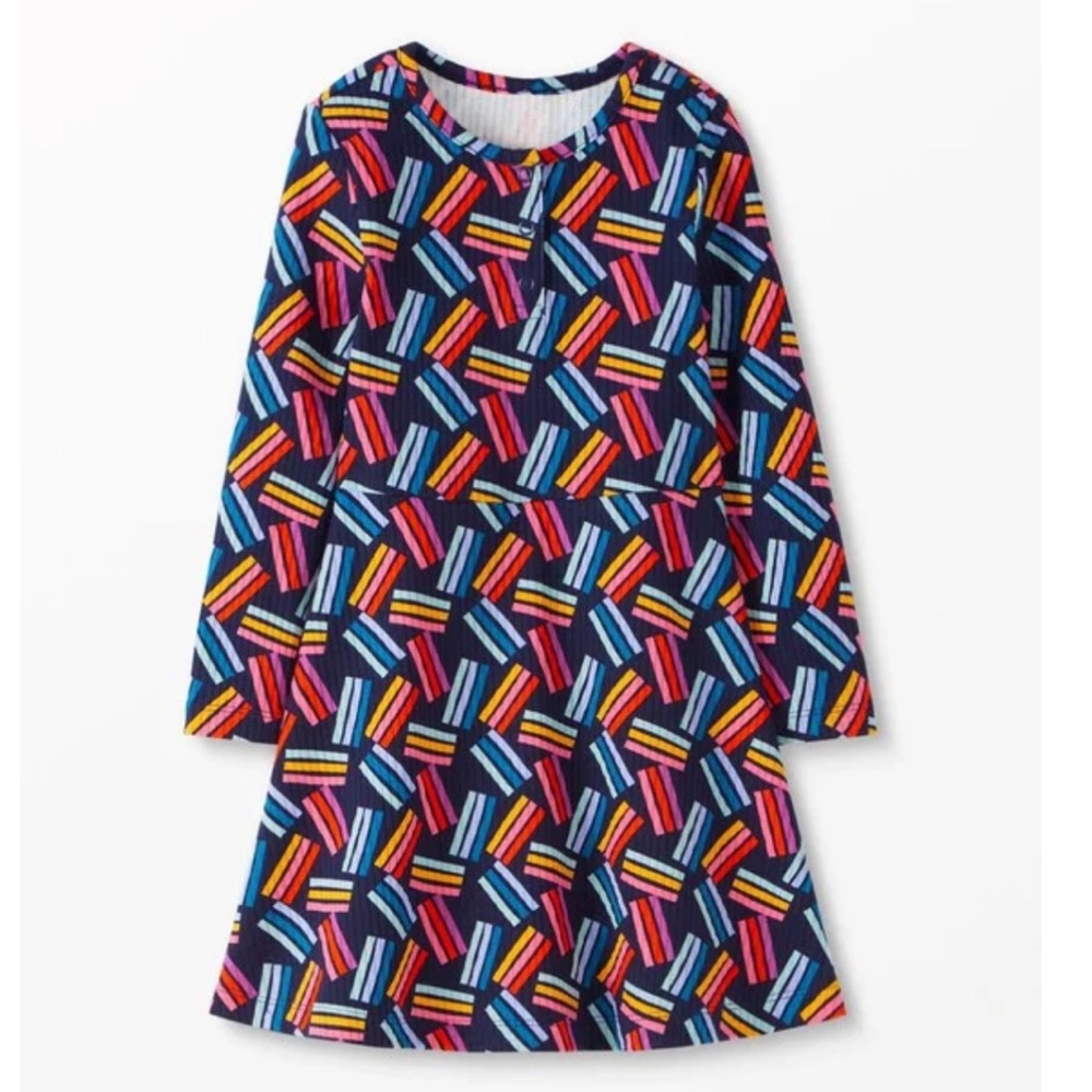 Hanna Andersson Navy with Rainbow Print Long Sleeve Fit & Flare Dress (EUC)